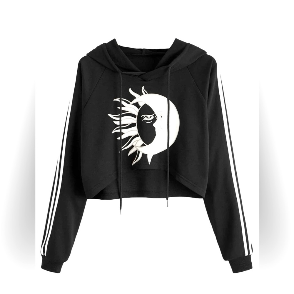 Hoodie Crop Galaxy Sun/Moon Collide Long Sleeve W/Drawstring Sweatshirt/Pullover
